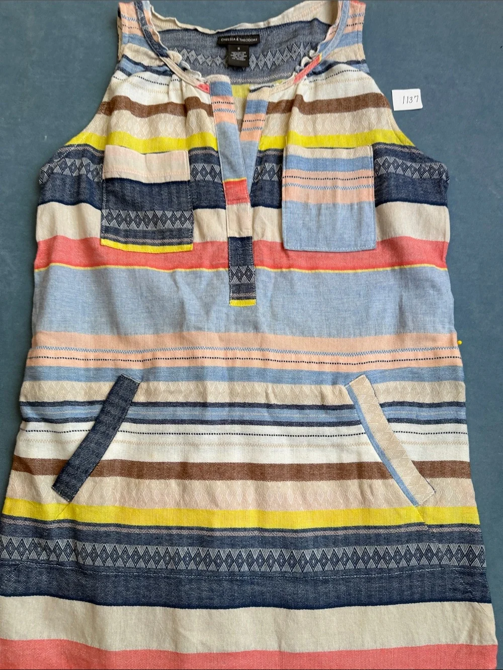Chelsea & Theodore Multicolor Striped Midi Dress - Blue, Pink, Yellow, Navy - Picture 4 of 10